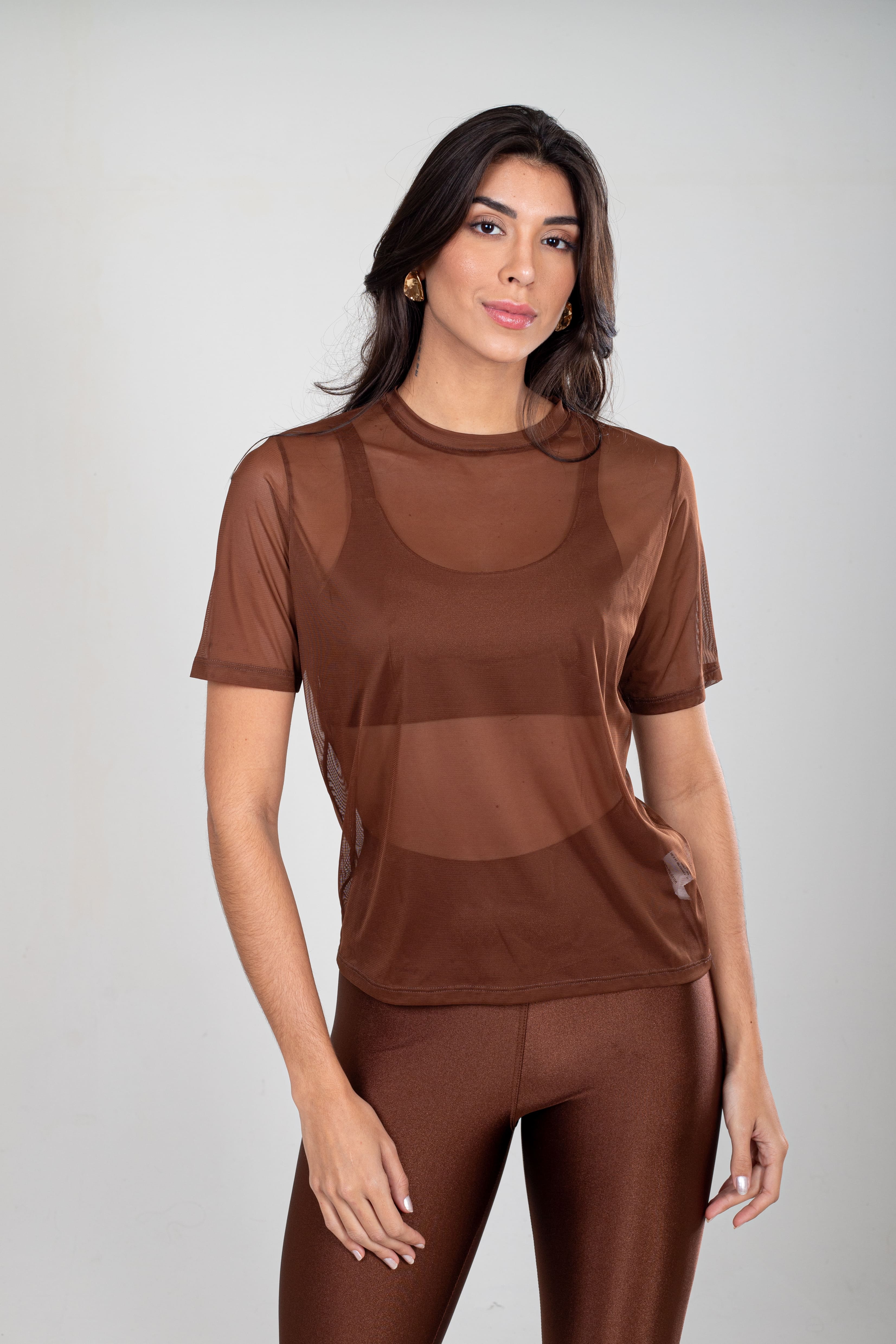 BLUSA LONG ESSENCIAL EM TULE - COFFEE